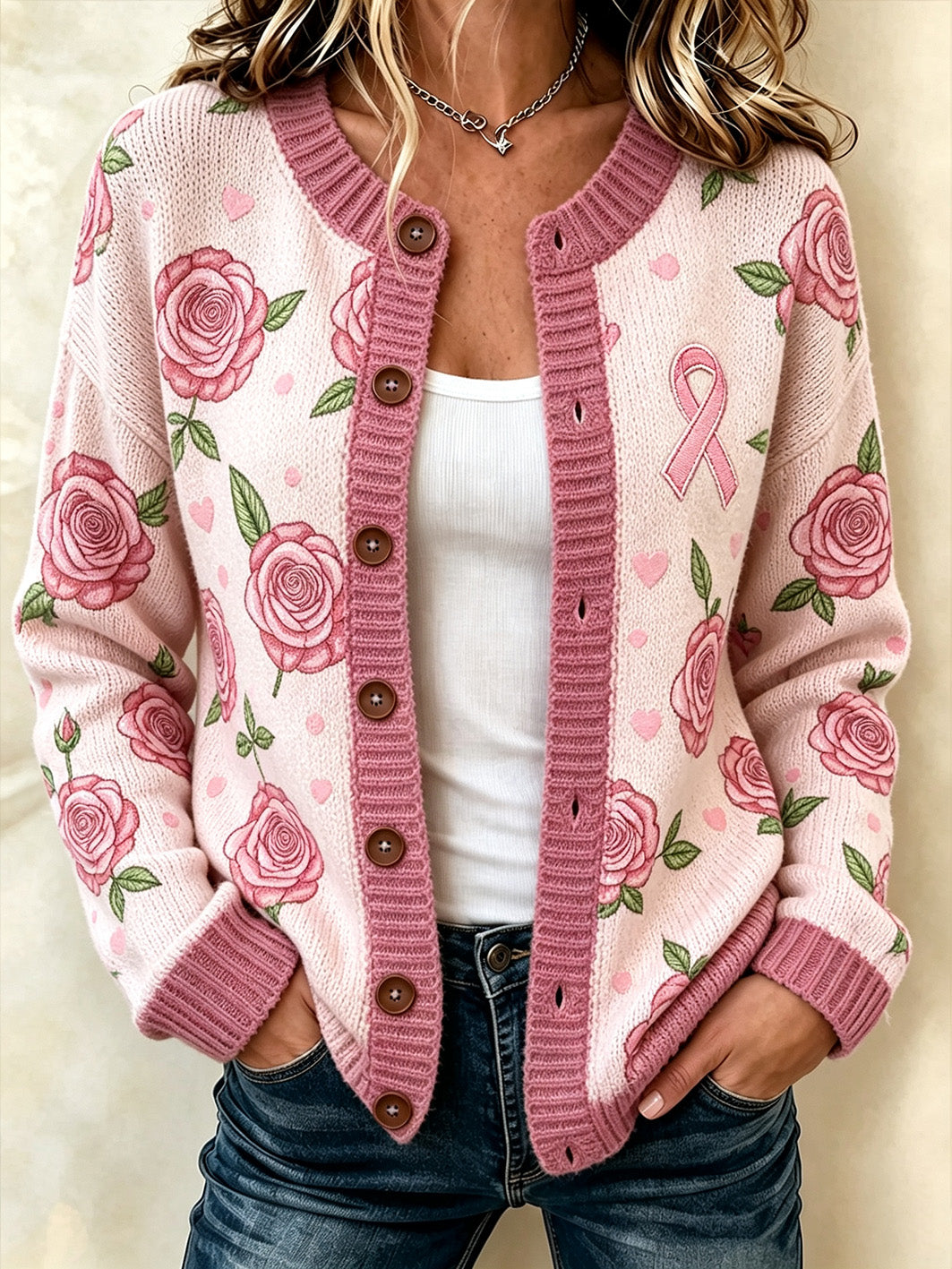 Femmes rose floral et rose motif de la charité ruban design décontracté cardigan style tricot veste