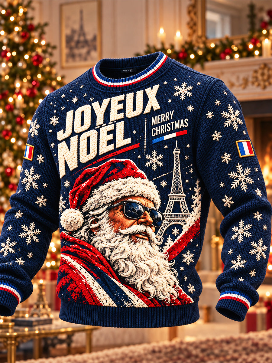 Pull Homme Bleu Français Imprimé Noël Décontracté Ras Du Cou