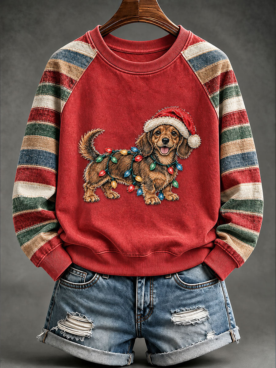 Sweat-shirt à manches raglan rétro à imprimé teckel de Noël pour femme