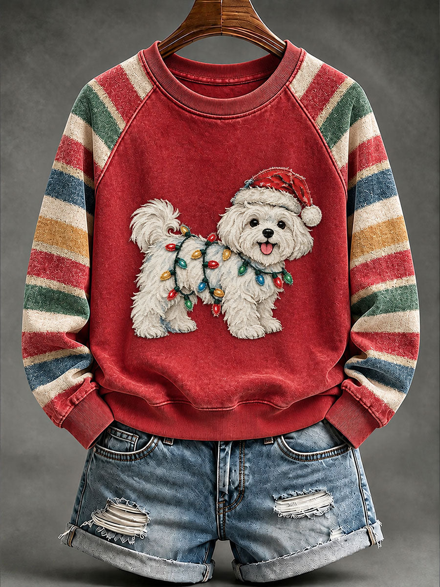Sweat-shirt à manches raglan à imprimé de chien maltais de Noël pour femme