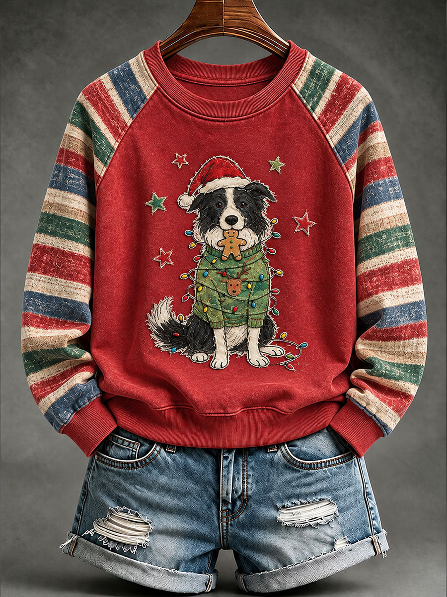 Sweat-shirt à manches raglan imprimé chien de berger de Noël vintage pour femmes