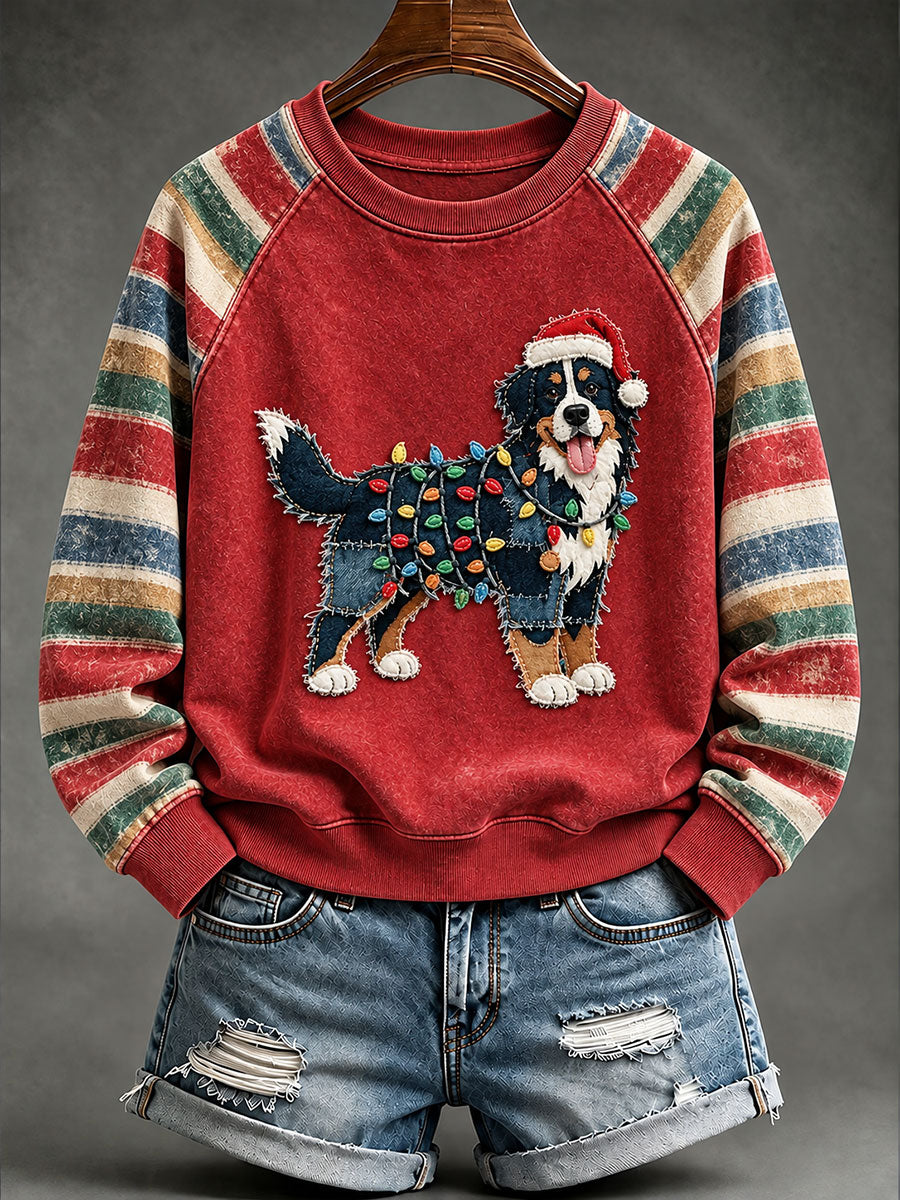 Vintage Christmas Bernese Mountain Dog Print Raglan Sleeve Sweatshirt Femme