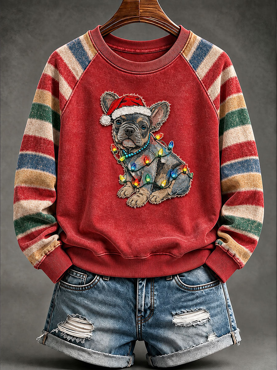Sweat-shirt à manches raglan imprimé Bulldog français de Noël vintage pour femme