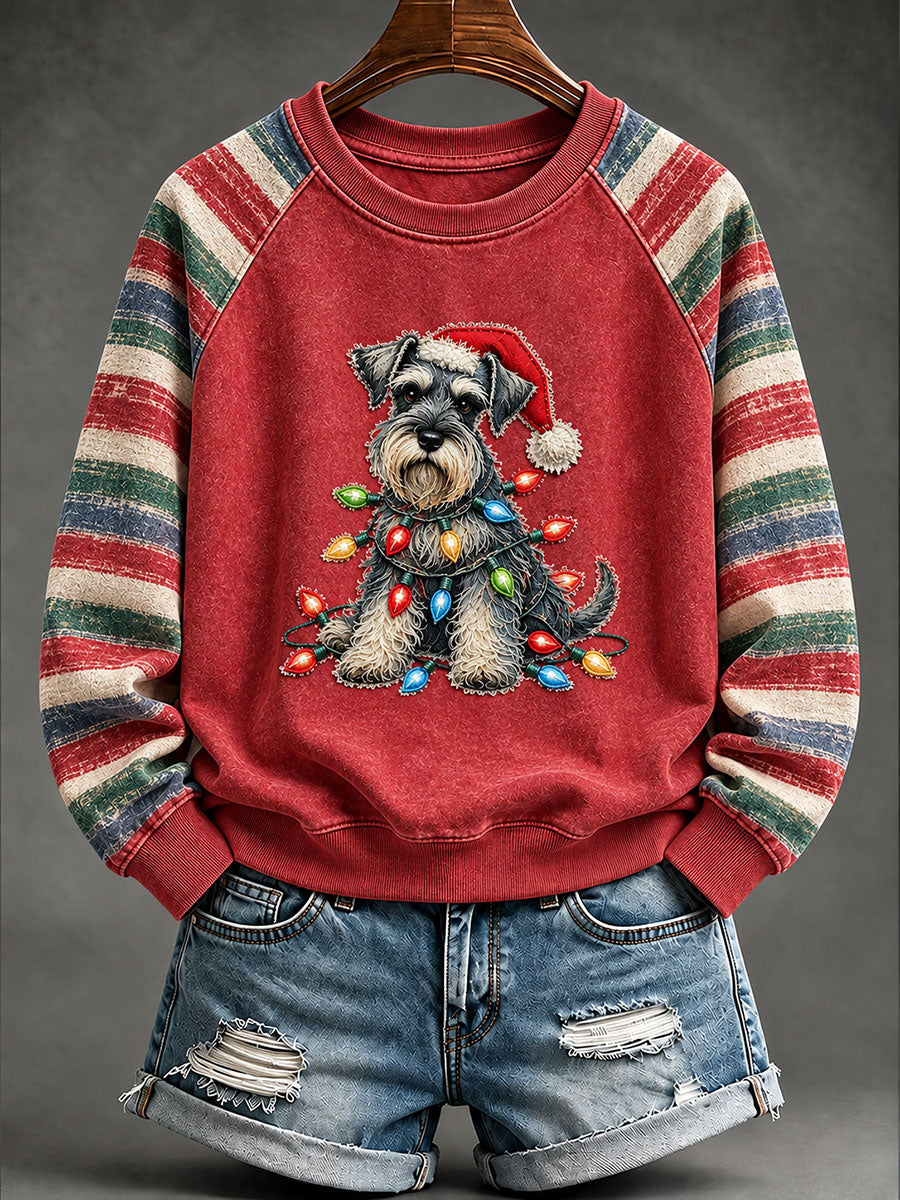 Vintage Christmas Schnauzer Print Raglan Sweatshirt des femmes