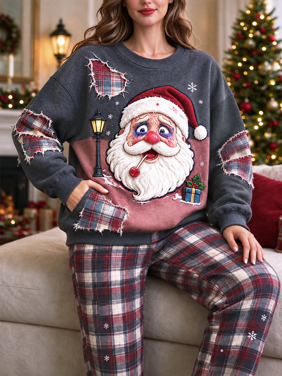 Noël Père Noël Check Patchwork Imprimer Casual Pyjama Sweatshirt Femme