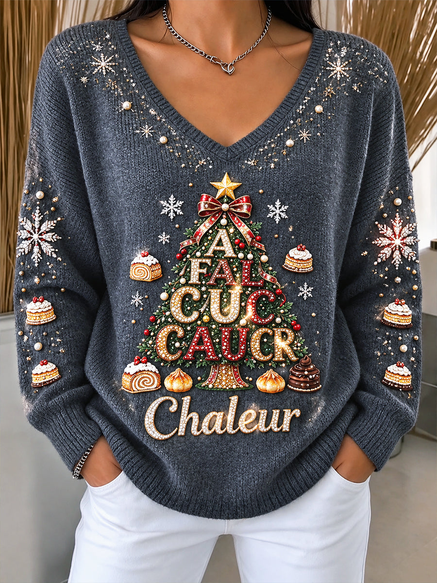 Pull Femme Décontracté Gris Foncé Imprimé Arbre de Noël Français à Col V