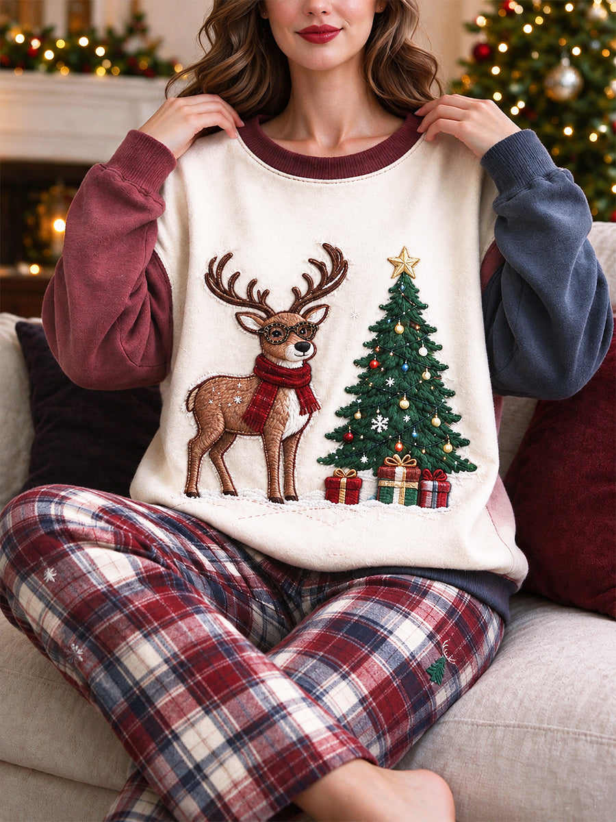 Renne de Noël Check Imprimer Casual Pyjama Sweatshirt Set des femmes