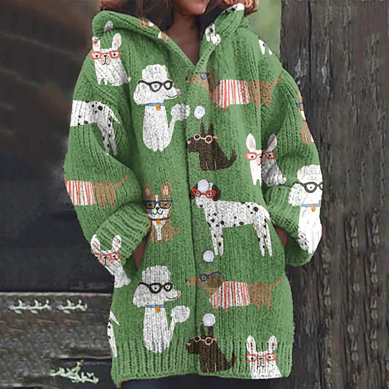 Rétro mignon Pet Print Button Up épais chandail à capuchon à manches longues Cardigan Green / S Veste