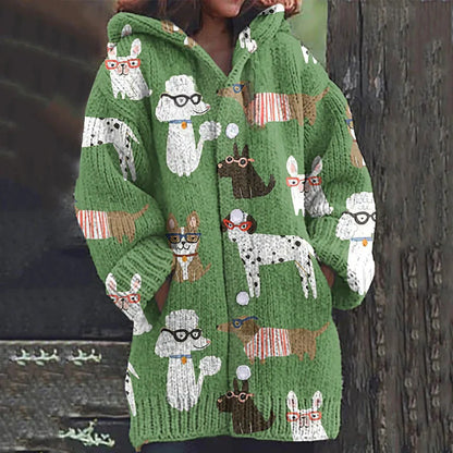Rétro mignon Pet Print Button Up épais chandail à capuchon à manches longues Cardigan Green / S Veste