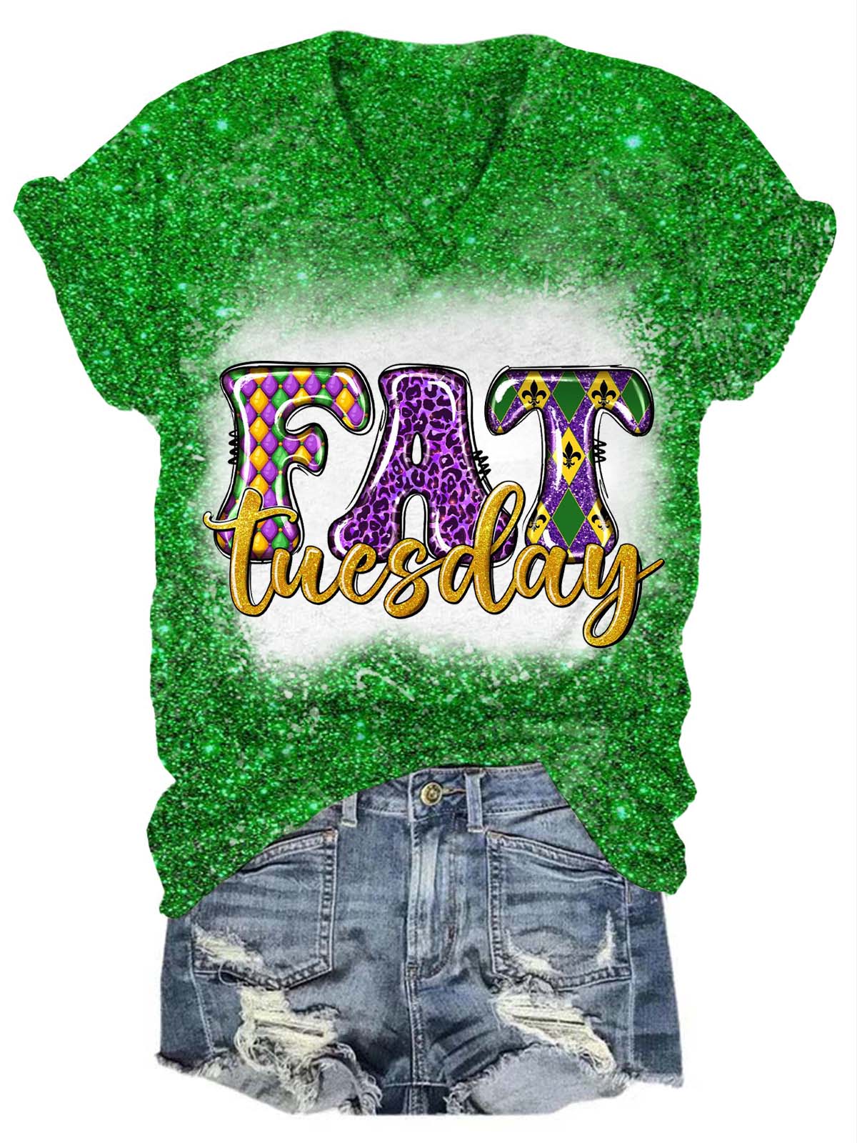 Fat Tuesday Mardi Gras Glitter V-Neck T-Shirt Green / S Mardi Gras