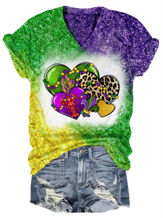 Heart Leopard Mardi Gras Glitter V-Neck T-Shirt Multicolor / S Mardi Gras