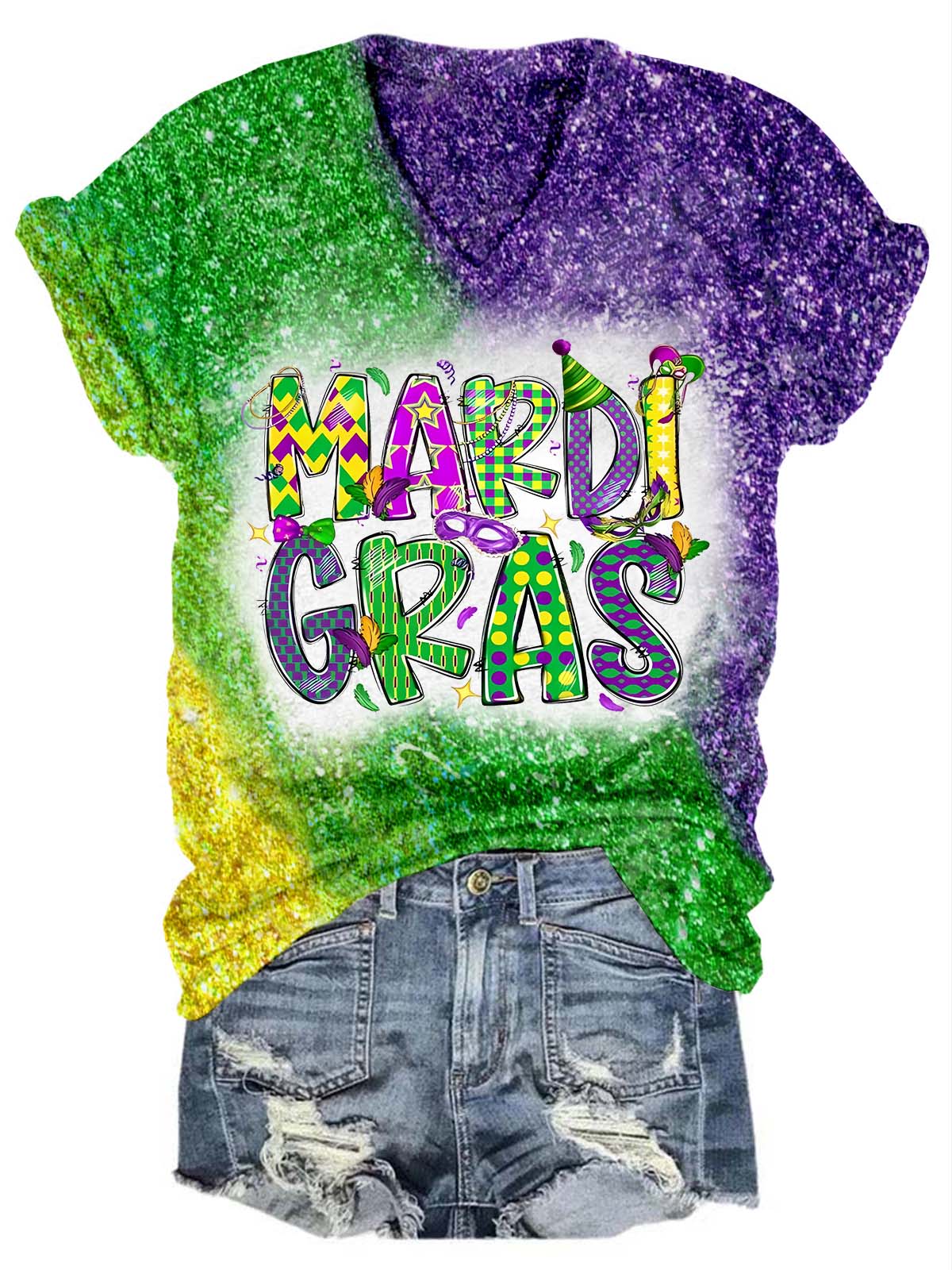 Happy Mardi Gras Glitter V-Neck Tee Multicolor / S Mardi Gras