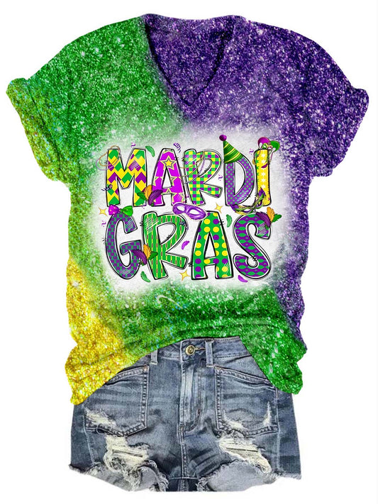 Happy Mardi Gras Glitter V-Neck Tee Multicolor / S Mardi Gras
