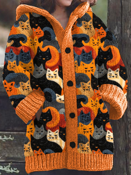 Rétro mignon Pet Print Button Up épais chandail à capuchon à manches longues Cardigan Orange / M Veste