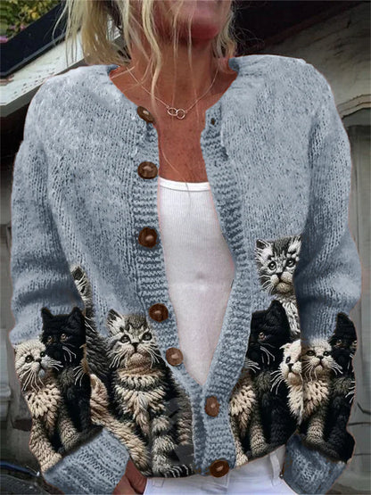 Élégant Rétro Chat Imprimé Boutonné Décontracté À Manches Longues En Tricot Cardigan Pull Blue / S Veste