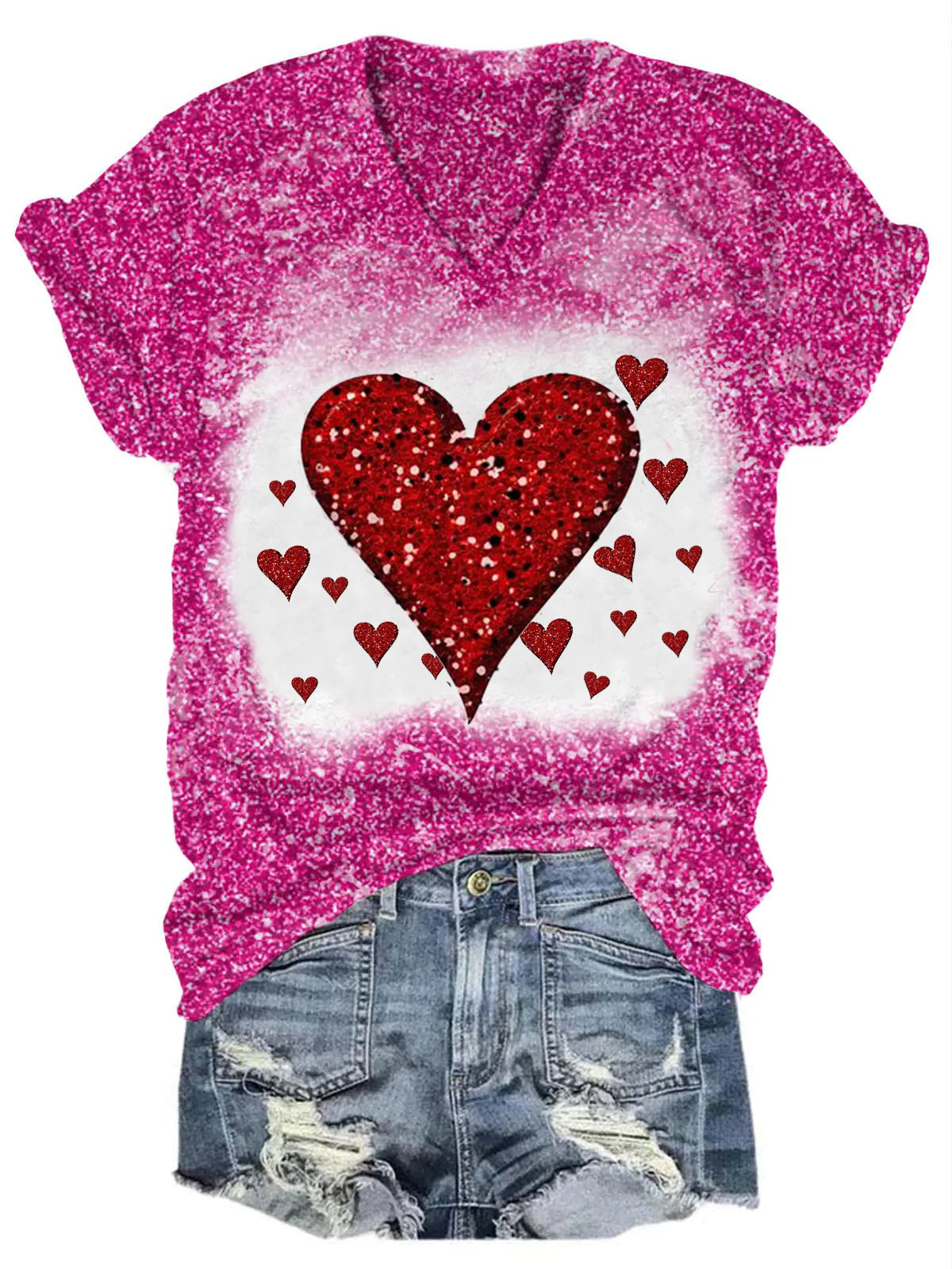Women’s Valentine’s Day Heart Print Glitter T-Shirt Pink / S Saint Valentin