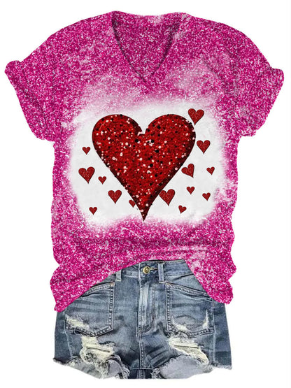 Women’s Valentine’s Day Heart Print Glitter T-Shirt Pink / S Saint Valentin