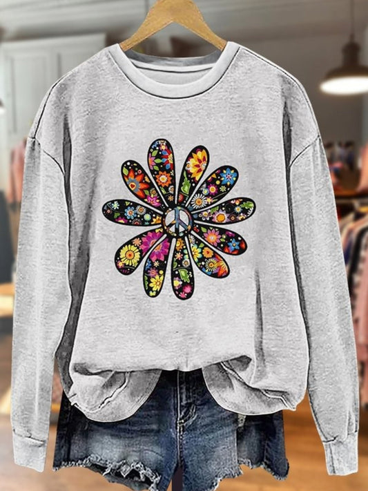 Floral Peace Sign Printed Long Sleeve Casual Top Mixed Color / S Saint Valentin