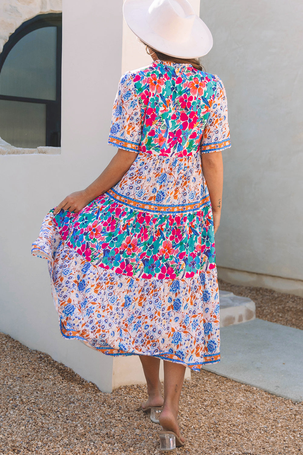 Robe bleu ciel à imprimé floral mixte manches courtes et col fendu à nouer