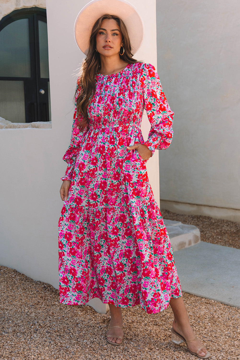 Robe longue bleu ciel à fleurs manches lanterne et taille smockée à volants A / S