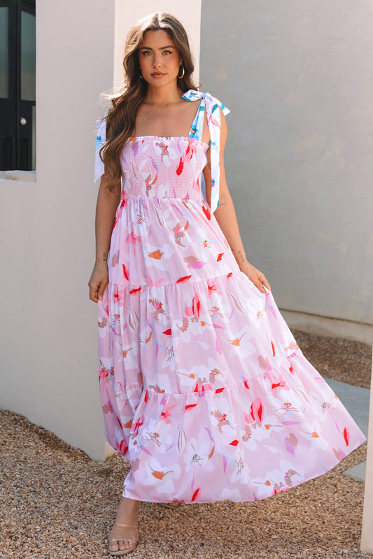 Robe longue smockée à épaules nouées imprimé floral rose A / S
