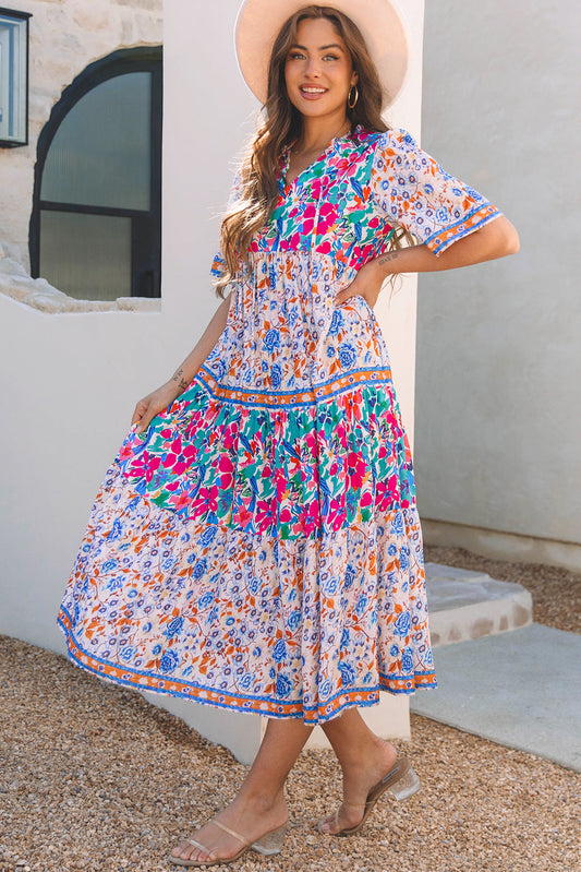 Robe bleu ciel à imprimé floral mixte manches courtes et col fendu à nouer