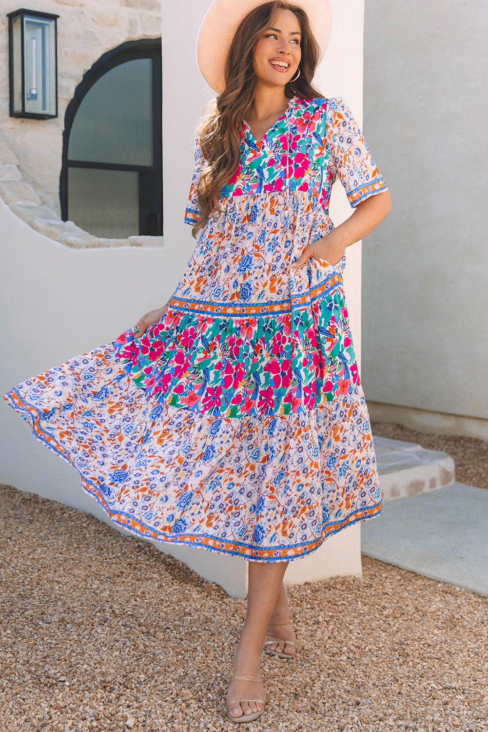 Robe bleu ciel à imprimé floral mixte manches courtes et col fendu à nouer