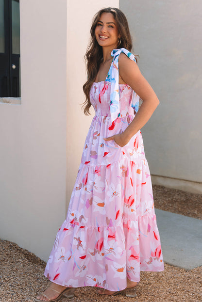 Robe longue smockée à épaules nouées imprimé floral rose