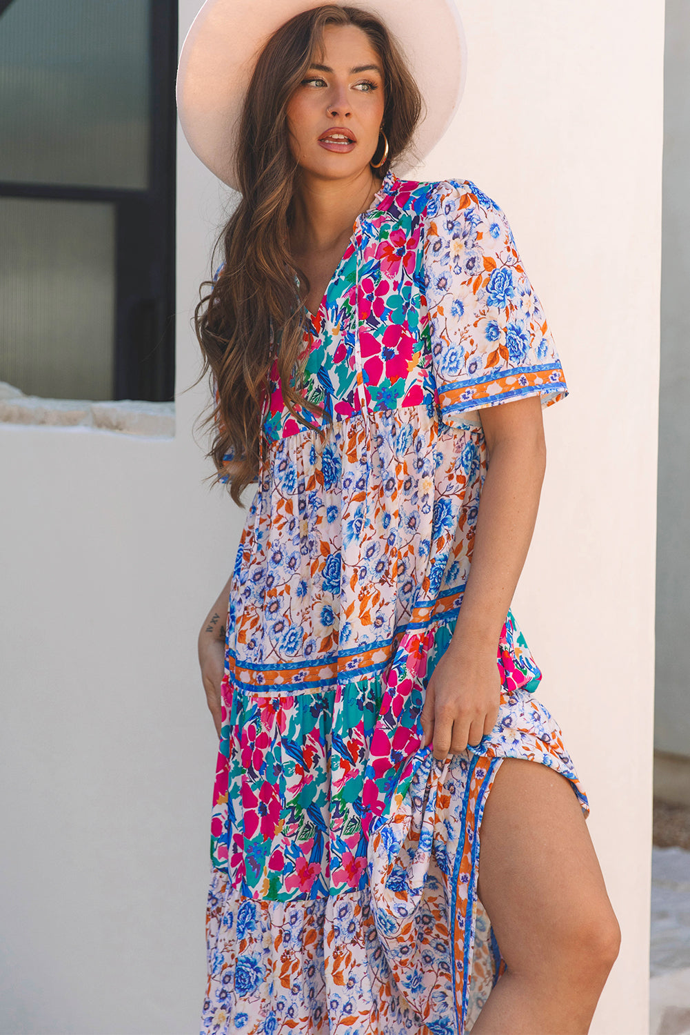 Robe bleu ciel à imprimé floral mixte manches courtes et col fendu à nouer