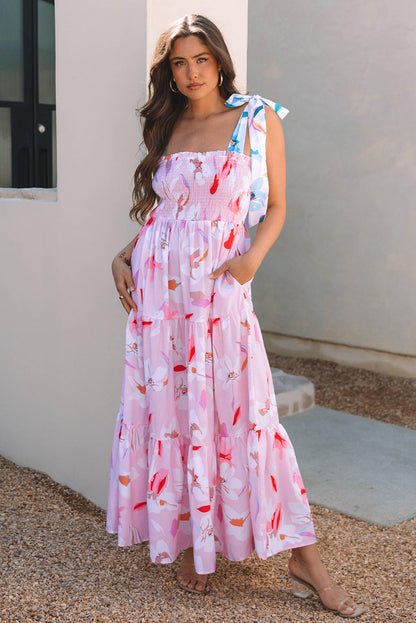 Robe longue smockée à épaules nouées imprimé floral rose