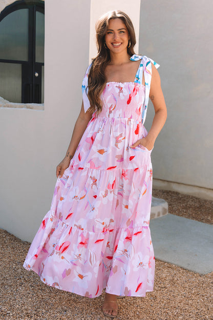 Robe longue smockée à épaules nouées imprimé floral rose