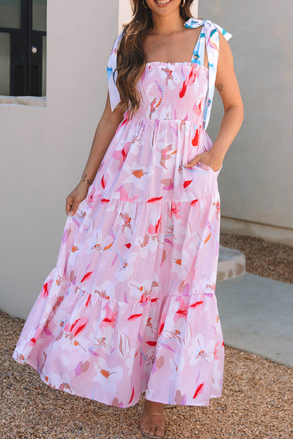 Robe longue smockée à épaules nouées imprimé floral rose