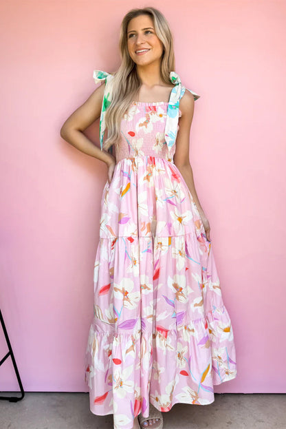 Robe longue smockée à épaules nouées imprimé floral rose