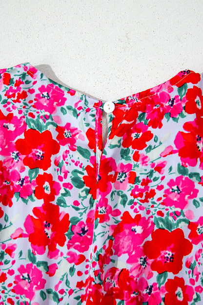 Robe longue bleu ciel à fleurs manches lanterne et taille smockée à volants