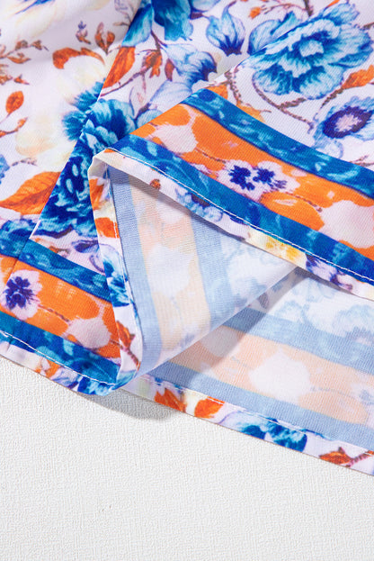 Robe bleu ciel à imprimé floral mixte manches courtes et col fendu à nouer