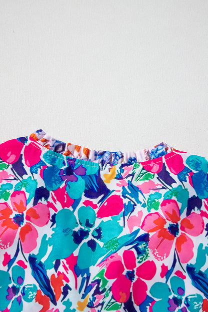 Robe bleu ciel à imprimé floral mixte manches courtes et col fendu à nouer