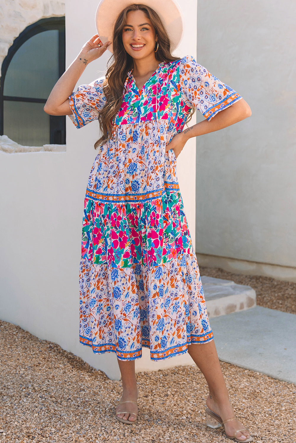 Robe bleu ciel à imprimé floral mixte manches courtes et col fendu à nouer A / S