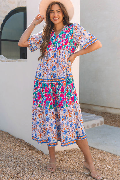Robe bleu ciel à imprimé floral mixte manches courtes et col fendu à nouer A / S