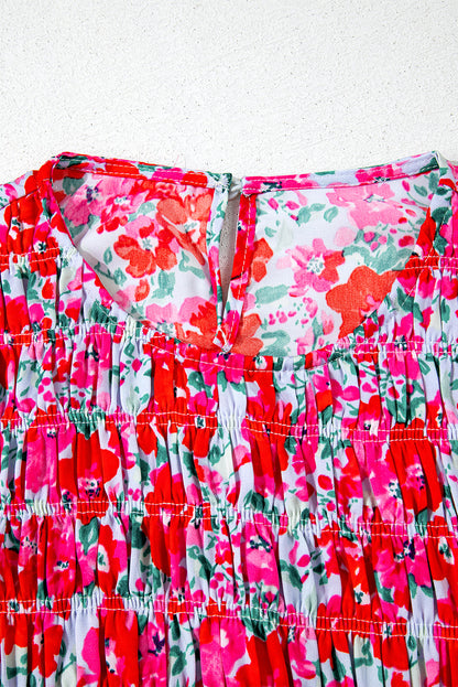 Robe longue bleu ciel à fleurs manches lanterne et taille smockée à volants