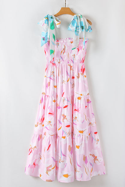 Robe longue smockée à épaules nouées imprimé floral rose