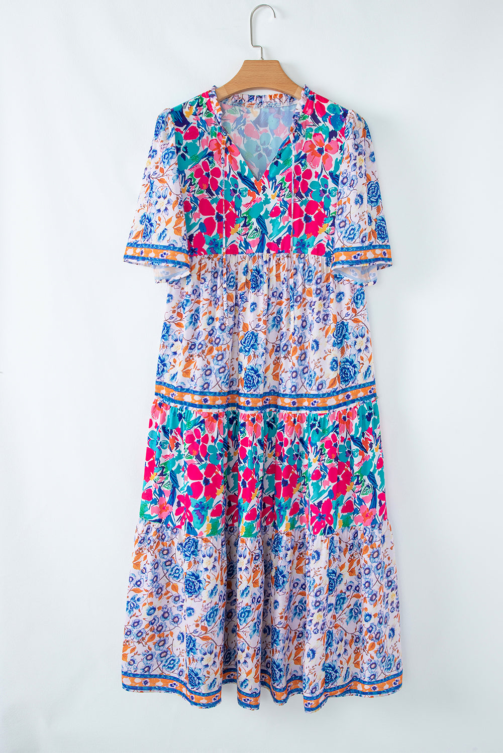 Robe bleu ciel à imprimé floral mixte manches courtes et col fendu à nouer