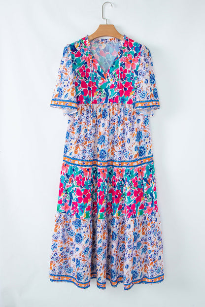 Robe bleu ciel à imprimé floral mixte manches courtes et col fendu à nouer