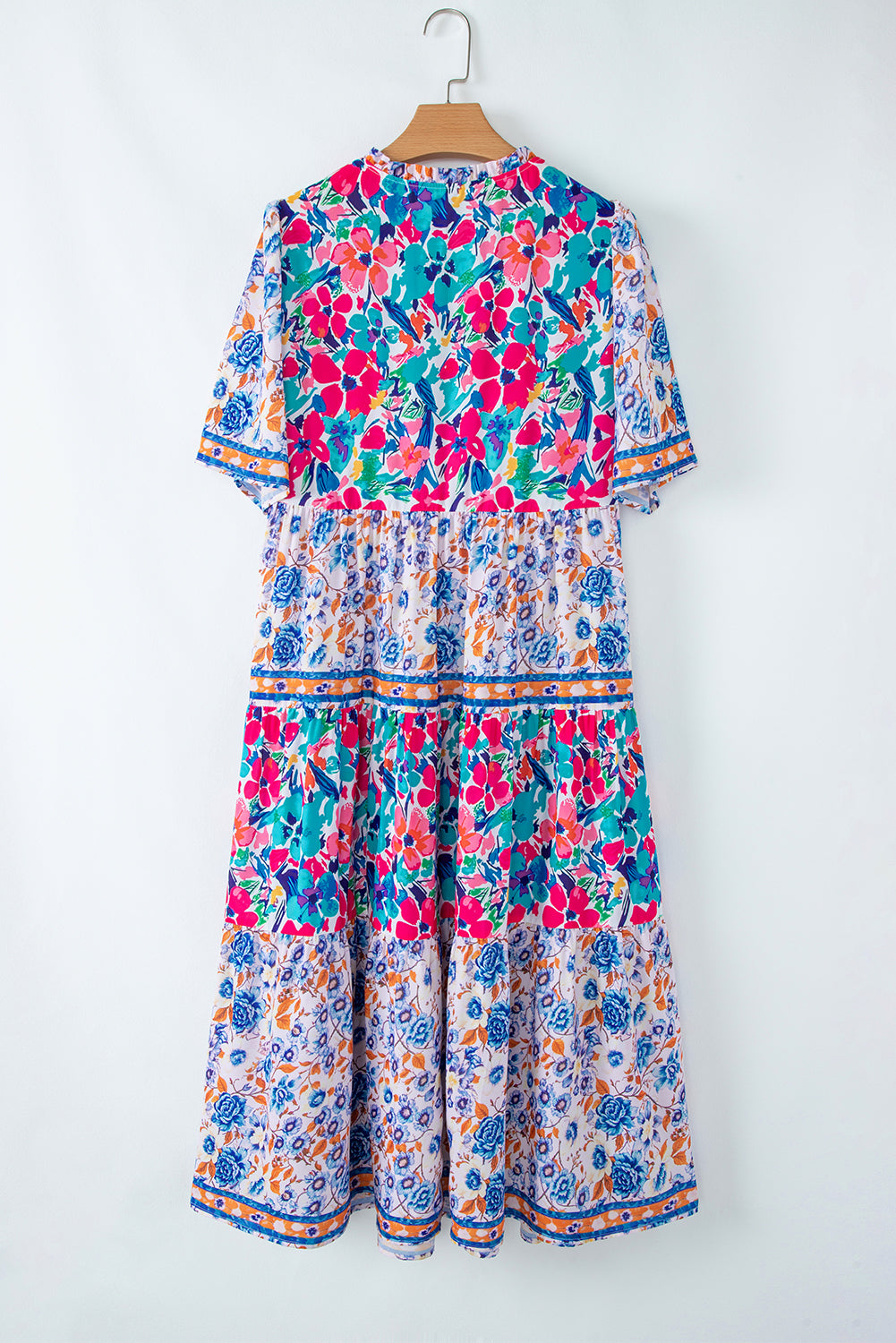 Robe bleu ciel à imprimé floral mixte manches courtes et col fendu à nouer