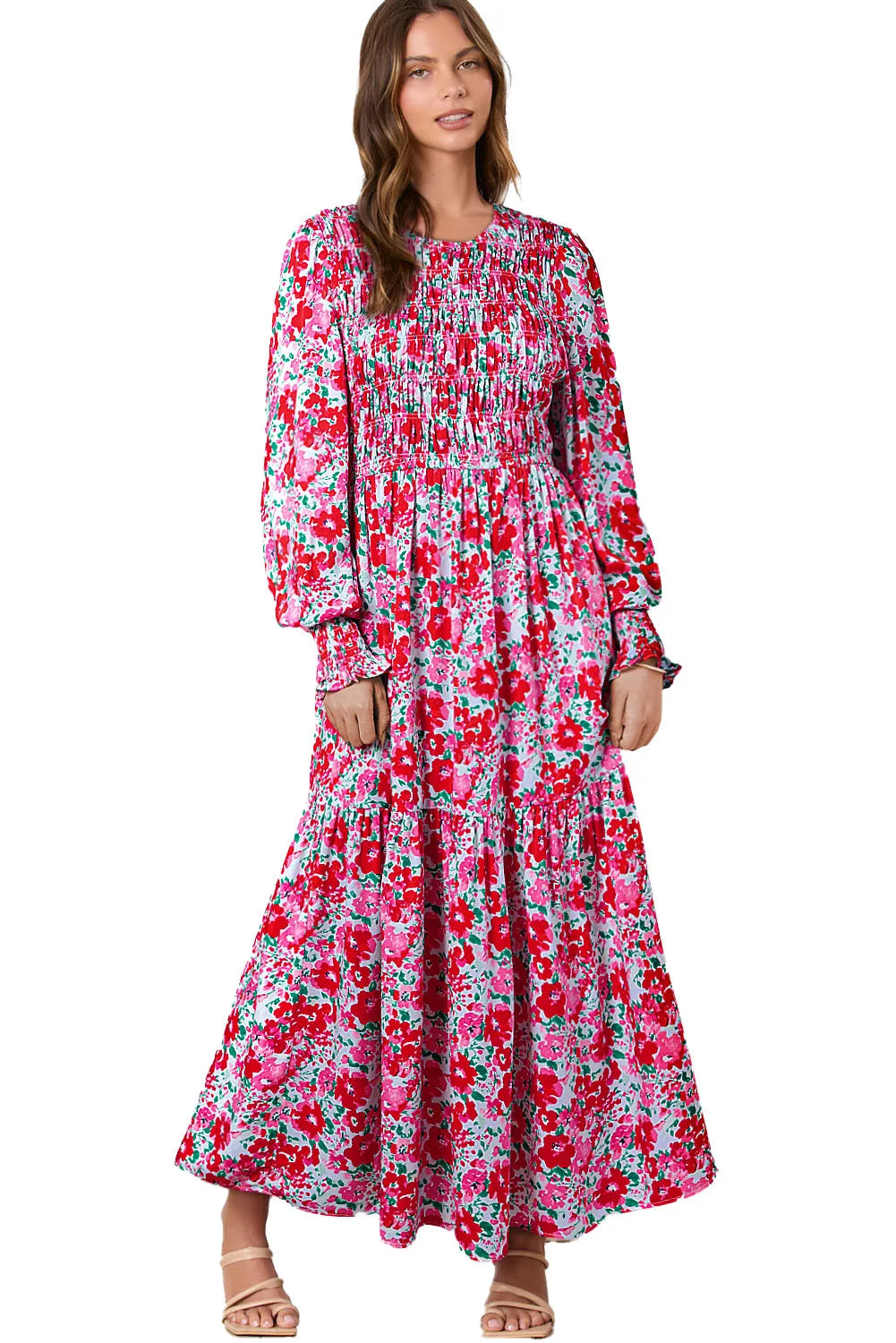 Robe longue bleu ciel à fleurs manches lanterne et taille smockée à volants