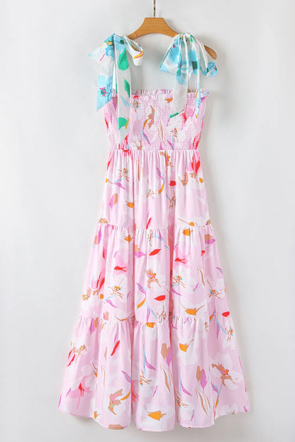 Robe longue smockée à épaules nouées imprimé floral rose