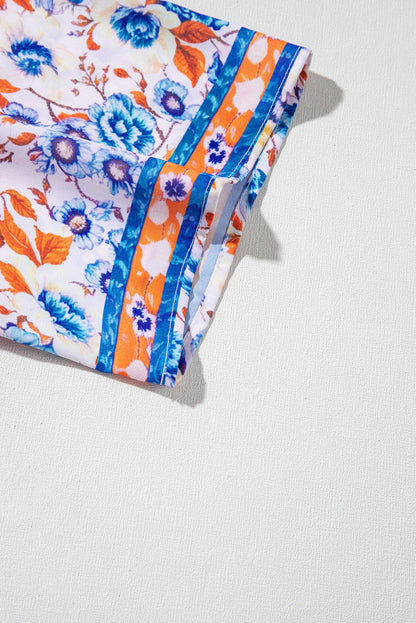Robe bleu ciel à imprimé floral mixte manches courtes et col fendu à nouer