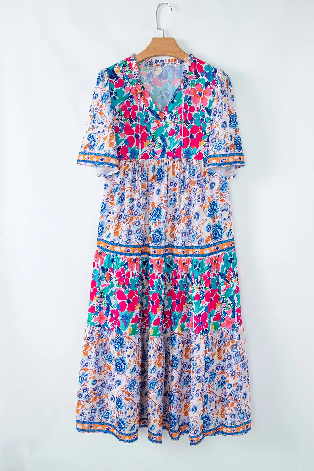 Robe bleu ciel à imprimé floral mixte manches courtes et col fendu à nouer