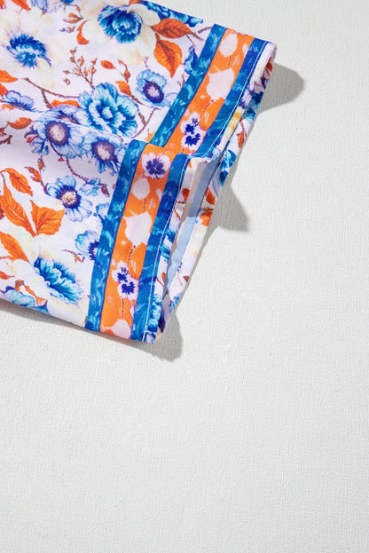 Robe bleu ciel à imprimé floral mixte manches courtes et col fendu à nouer