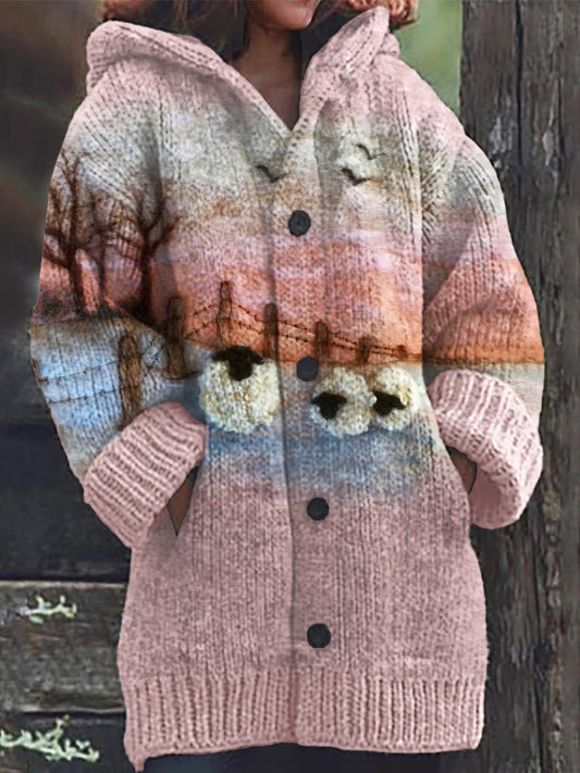 Rétro mignon Pet Print Button Up épais chandail à capuchon à manches longues Cardigan Pink / S Veste
