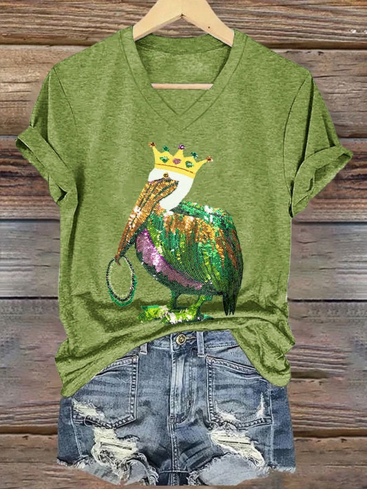 Mardi Gras Pelican Crown Print V Neck T-Shirt Mixed Color / S Mardi Gras